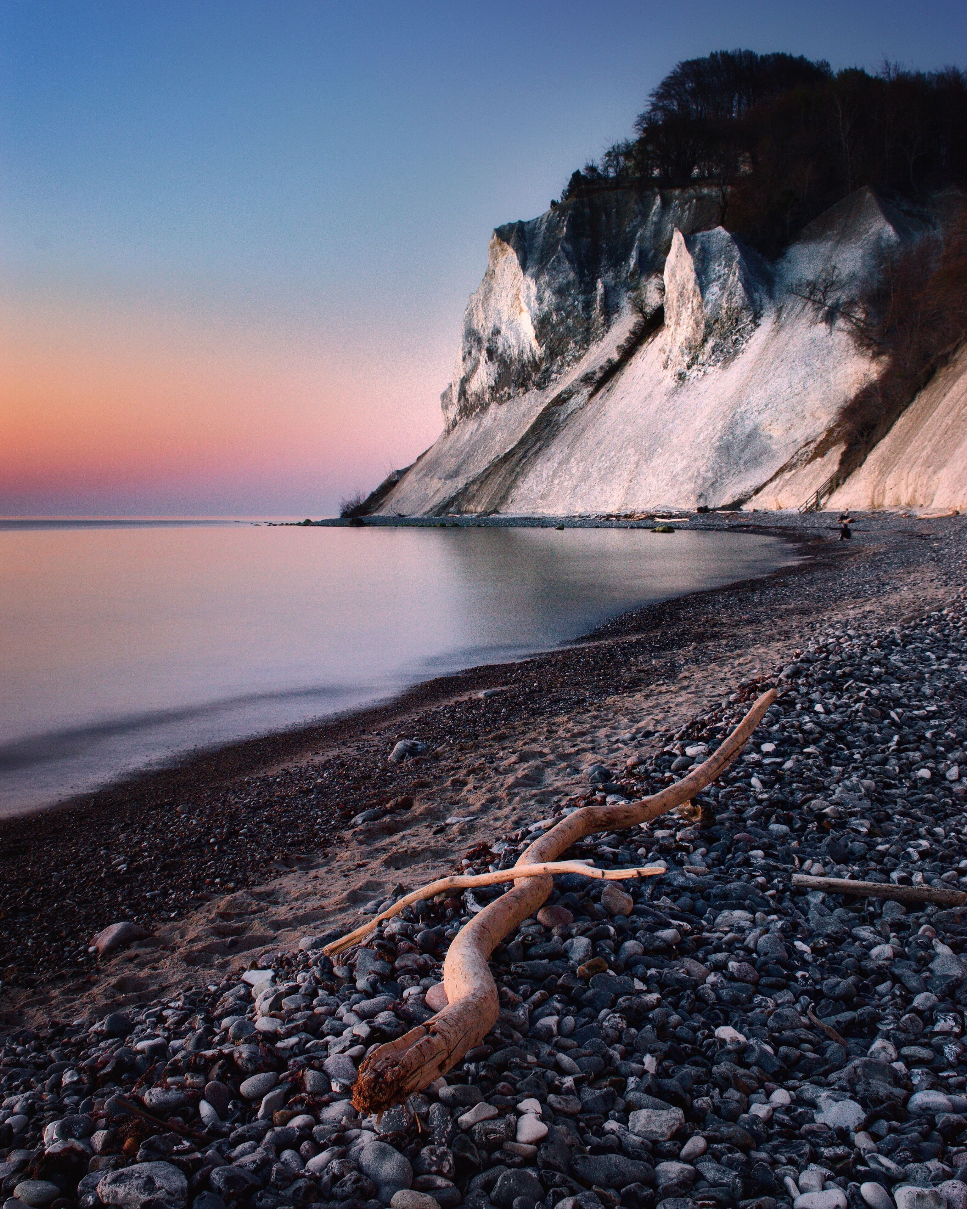 A pebbled beach with a large fallen tree trunk, calm water, and a rocky cliff in the background.