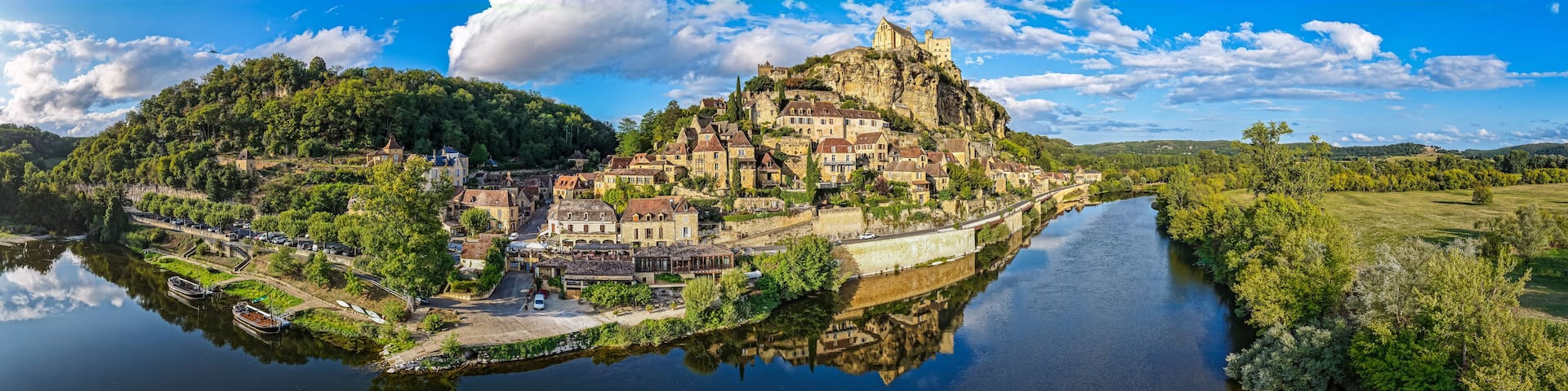 Aerial view of Beynac-et-Cazenac one of the Most Beautiful villages of France on the Dordogne river
