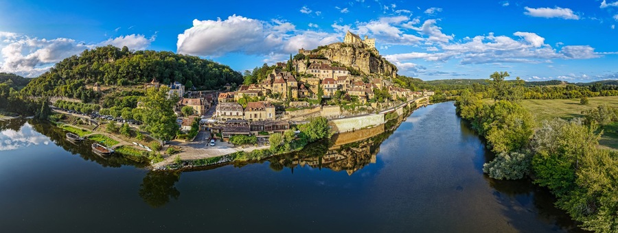 Aerial view of Beynac-et-Cazenac one of the Most Beautiful villages of France on the Dordogne river