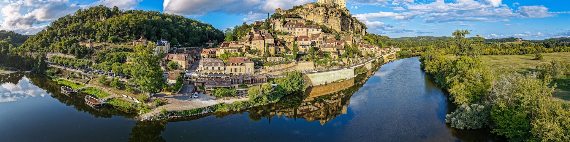 Aerial view of Beynac-et-Cazenac one of the Most Beautiful villages of France on the Dordogne river