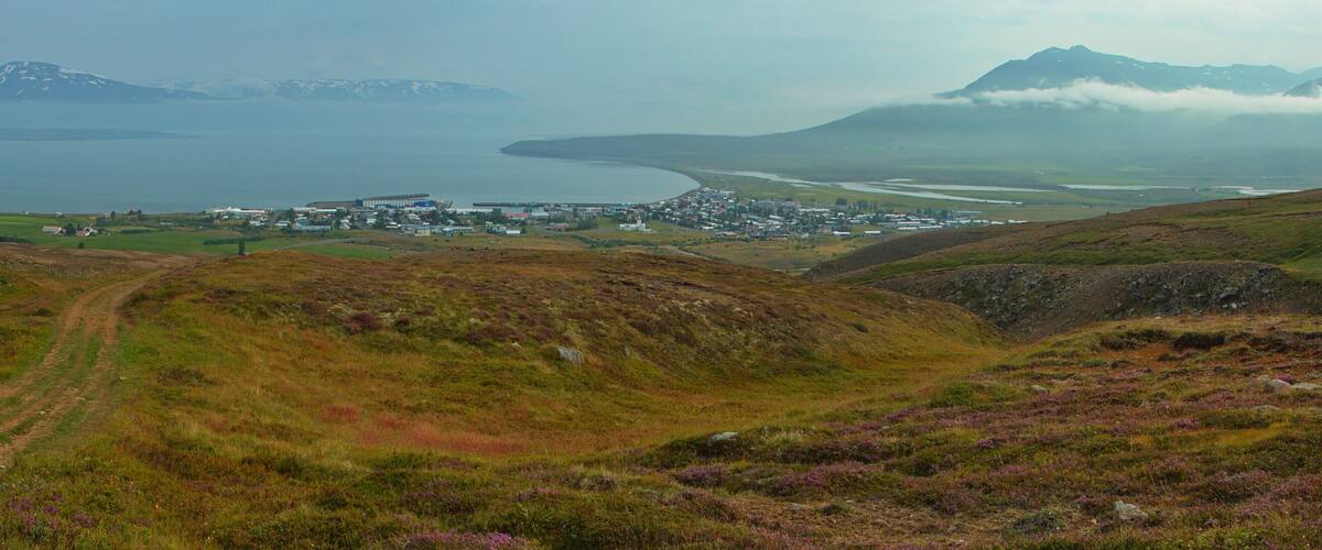 A coastal town with a dirt path leading to it, surrounded by hills and mountains.