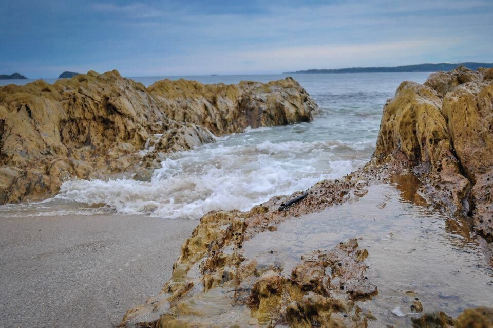 A rocky shoreline with waves crashing against the rocks.