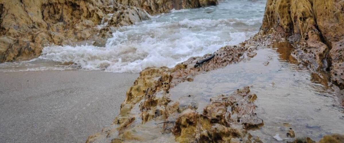 A rocky shoreline with waves crashing against the rocks.