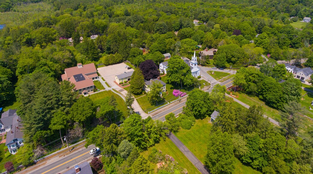 South Hamilton and rural landscape aerial view including First Congregational Church at 624 Bay Road in Town of Hamilton, Massachusetts MA, USA.