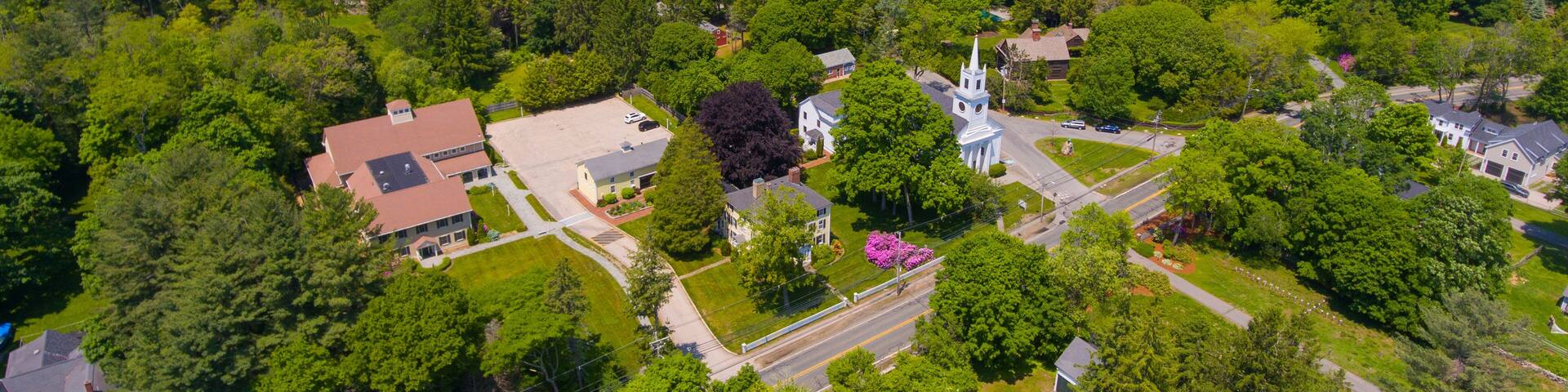 South Hamilton and rural landscape aerial view including First Congregational Church at 624 Bay Road in Town of Hamilton, Massachusetts MA, USA.