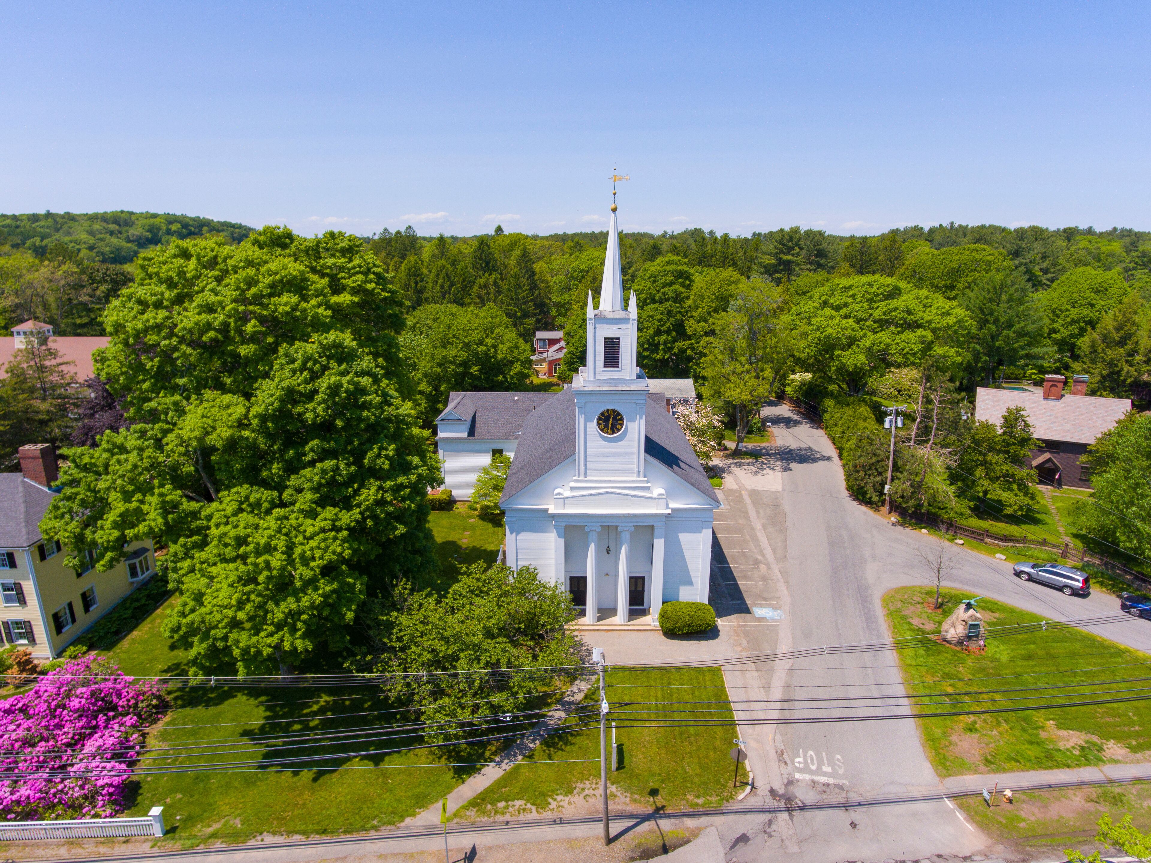 First Congregational Church aerial view at 624 Bay Road in village of South Hamilton, Town of Hamilton, Massachusetts MA, USA. 