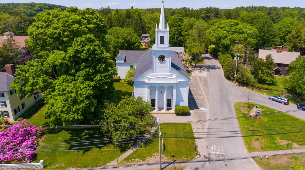 First Congregational Church aerial view at 624 Bay Road in village of South Hamilton, Town of Hamilton, Massachusetts MA, USA.