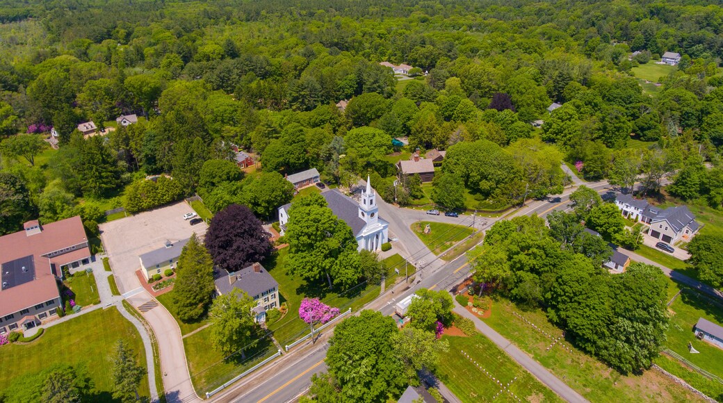 South Hamilton and rural landscape aerial view including First Congregational Church at 624 Bay Road in Town of Hamilton, Massachusetts MA, USA.