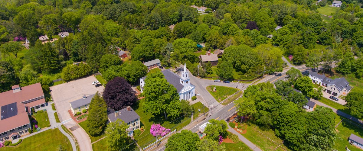 South Hamilton and rural landscape aerial view including First Congregational Church at 624 Bay Road in Town of Hamilton, Massachusetts MA, USA.