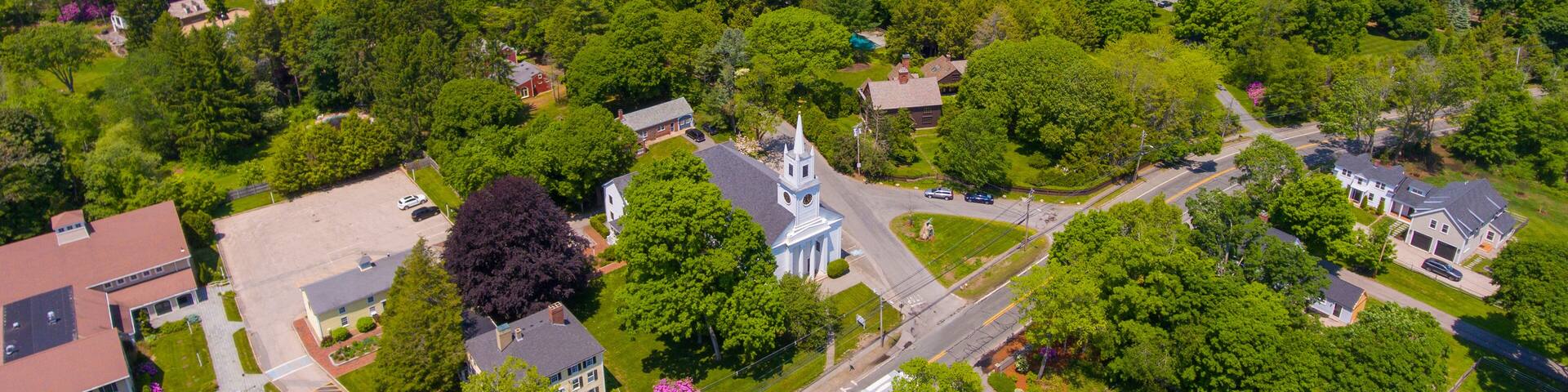 South Hamilton and rural landscape aerial view including First Congregational Church at 624 Bay Road in Town of Hamilton, Massachusetts MA, USA.