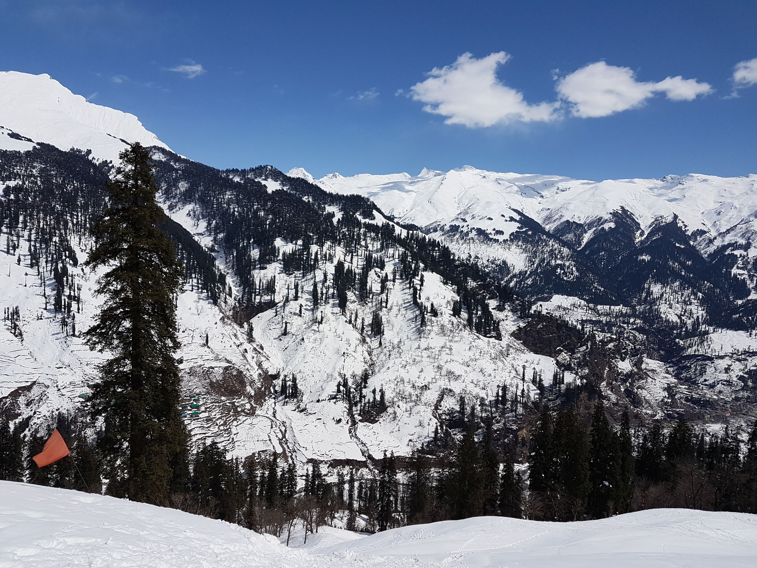 A snow-covered mountain range with dense forests and a clear blue sky.