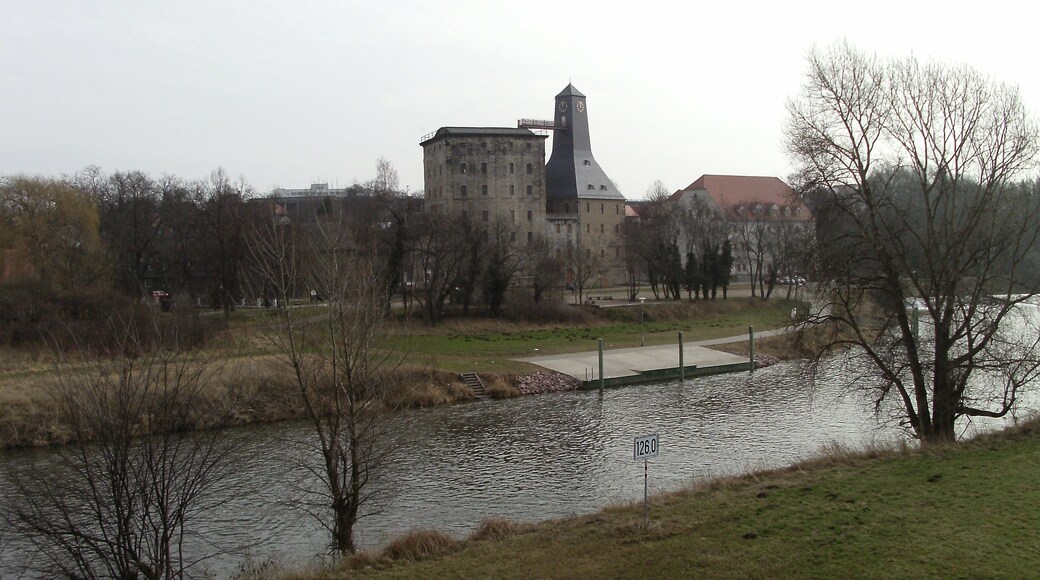 Saale river at Bad Dürrenberg with the Borlach tower (district of Saalekreis, Saxony-Anhalt)