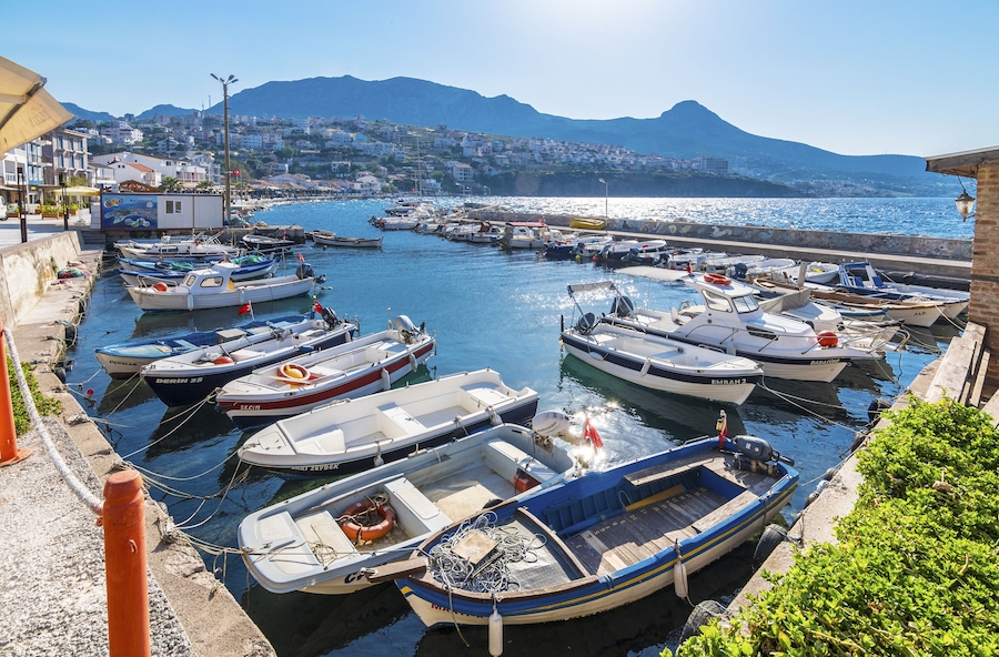 Karaburun Town harbour view . Karaburun is fishing town in Turkey.