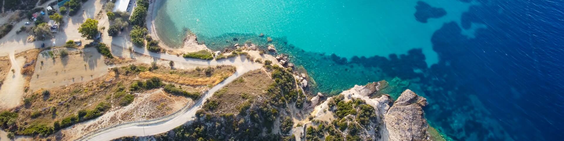 Dolungaz Bay is located within the borders of Karaburun district of İzmir province. It is located in the northern coast of Karaburun. Aerial view with drone. Karaburun - Izmir - Turkey