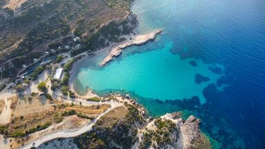 Dolungaz Bay is located within the borders of Karaburun district of İzmir province. It is located in the northern coast of Karaburun. Aerial view with drone. Karaburun - Izmir - Turkey