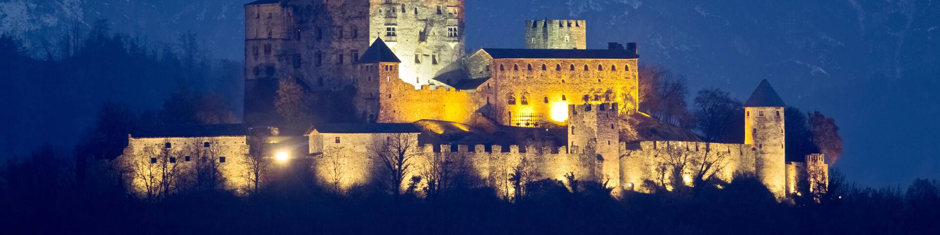 Winter sunset at Pergine castle. Pergine Valsugana, Trento province, Trentino Alto-Adige, Italy, Europe.