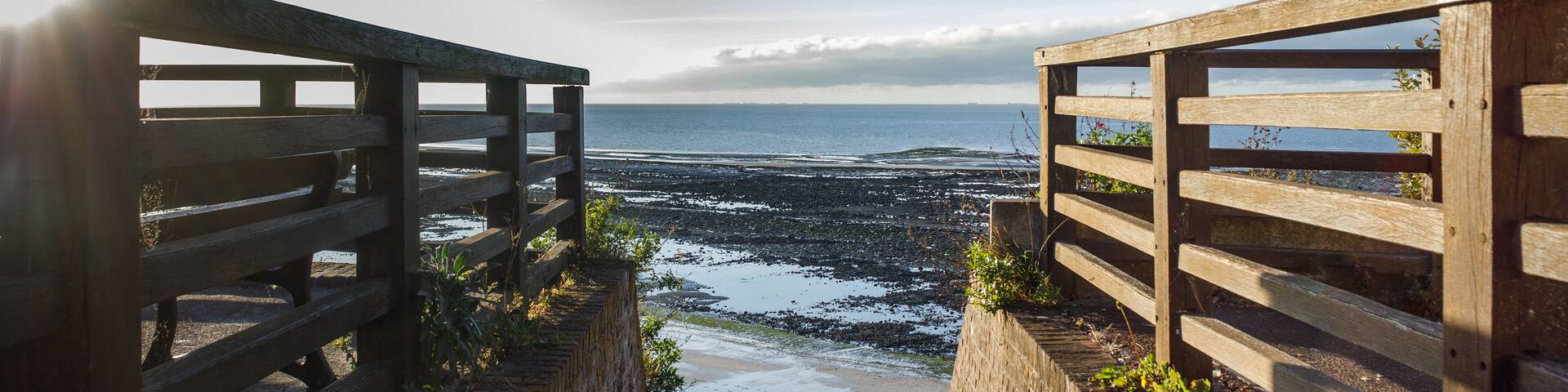 Stairs going down to the beach, filming location of "A Monkey in Winter" (Un Singe en Hiver) with Gabin and Belmondo, in 1962, place called Le Guettoir, Villerville, Normandy, France