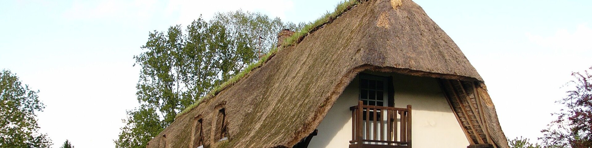 Una casa con techo de paja y estructura de madera blanca y negra, rodeada de vegetación.