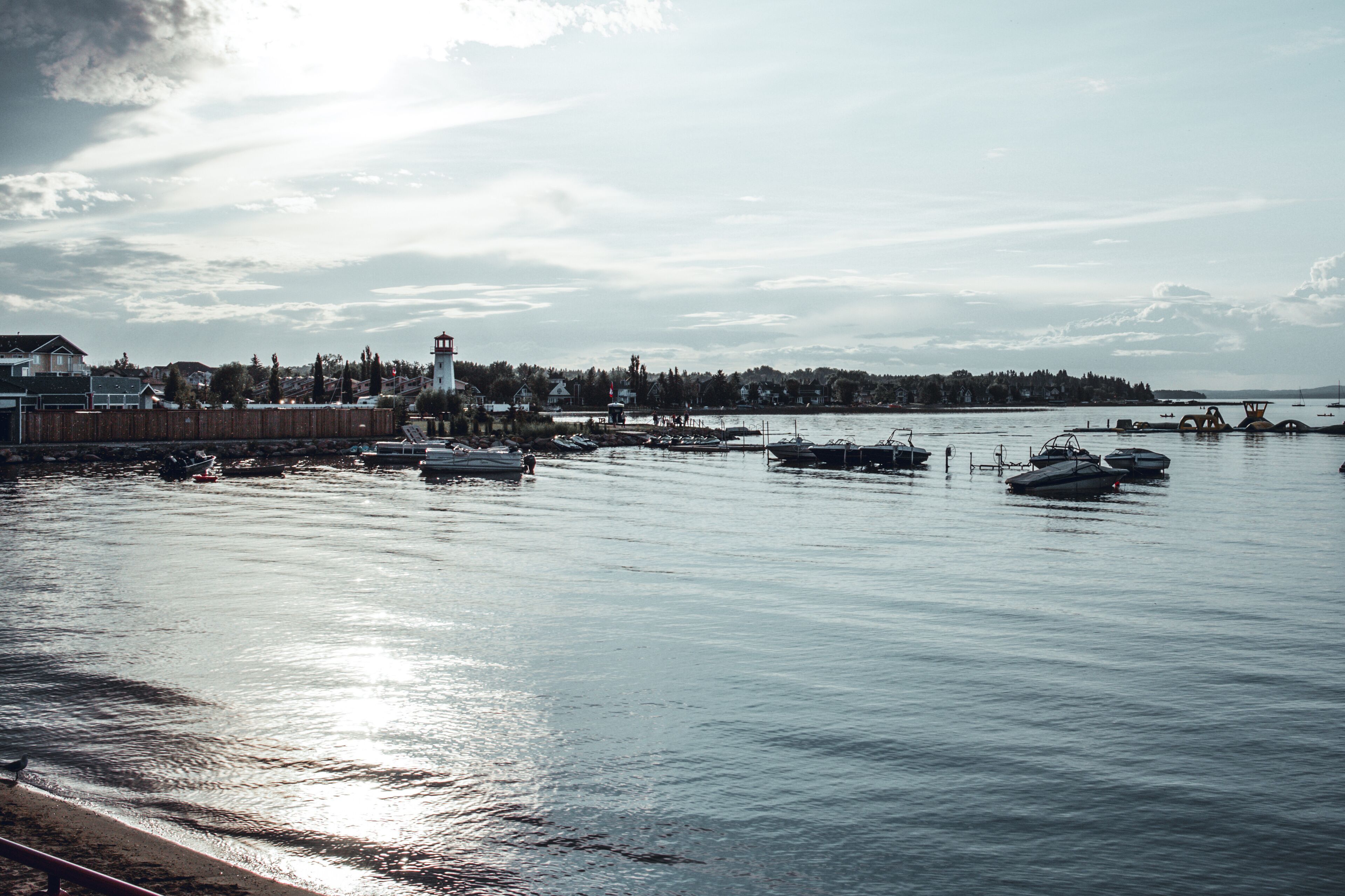sylvan lake, Canada, 22 july, 2019 / View of the lake and the boat harbour at sunset.