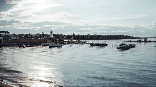 sylvan lake, Canada, 22 july, 2019 / View of the lake and the boat harbour at sunset.