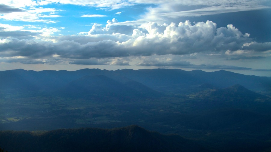 Mount Warning showing landscape views and mist or fog