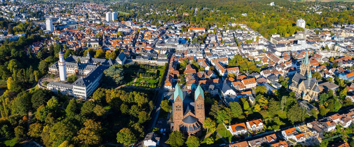 Aerial panorama view of the city Bad Homburg
in Germany. on a sunny noon in spring.