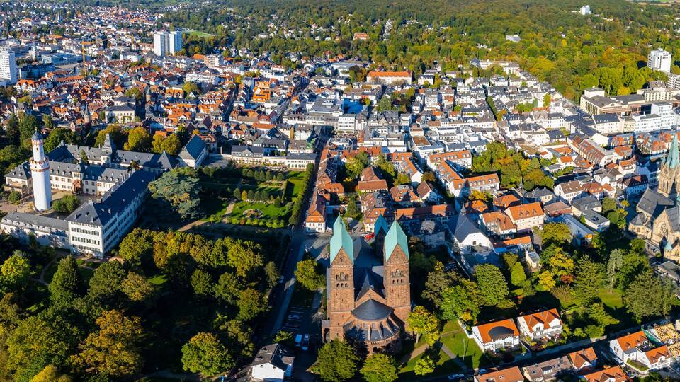 Aerial panorama view of the city Bad Homburg
in Germany. on a sunny noon in spring.