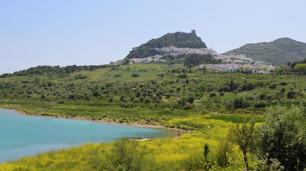 Zahara de la Sierra (Andalusia, Spain) photographed from the shore of Zahara-El Gastor reservoir.