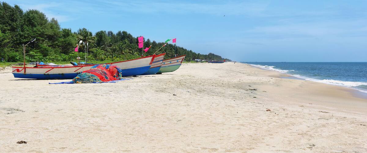 A beach with several boats anchored near the shore, surrounded by lush greenery and palm trees.