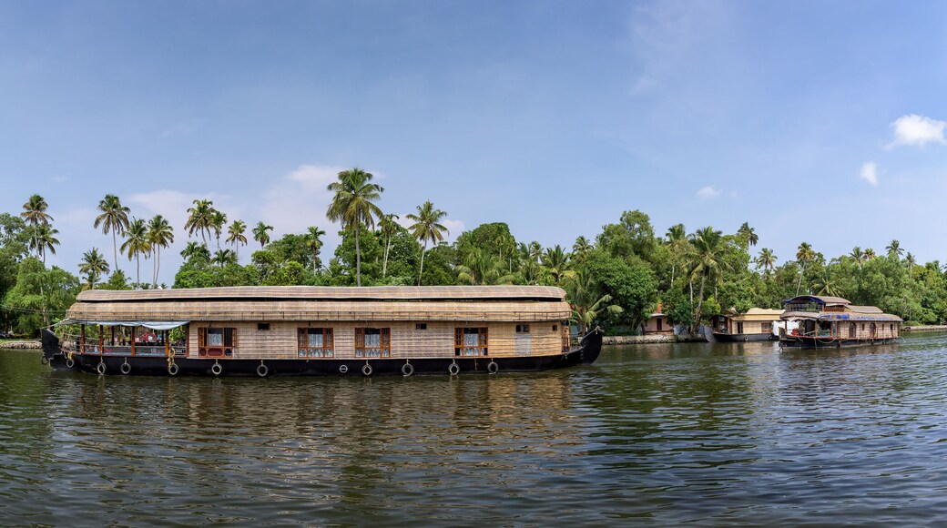 Panoramic river view and traditional house boat in Kerala's Backwaters, India.