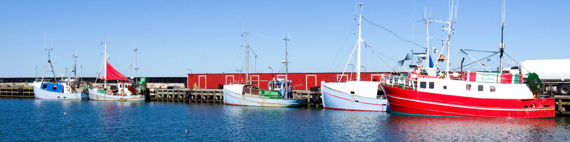 Laesoe / Denmark: The idyllic fishing port of Oesterby Havn on a quiet summer day in august
