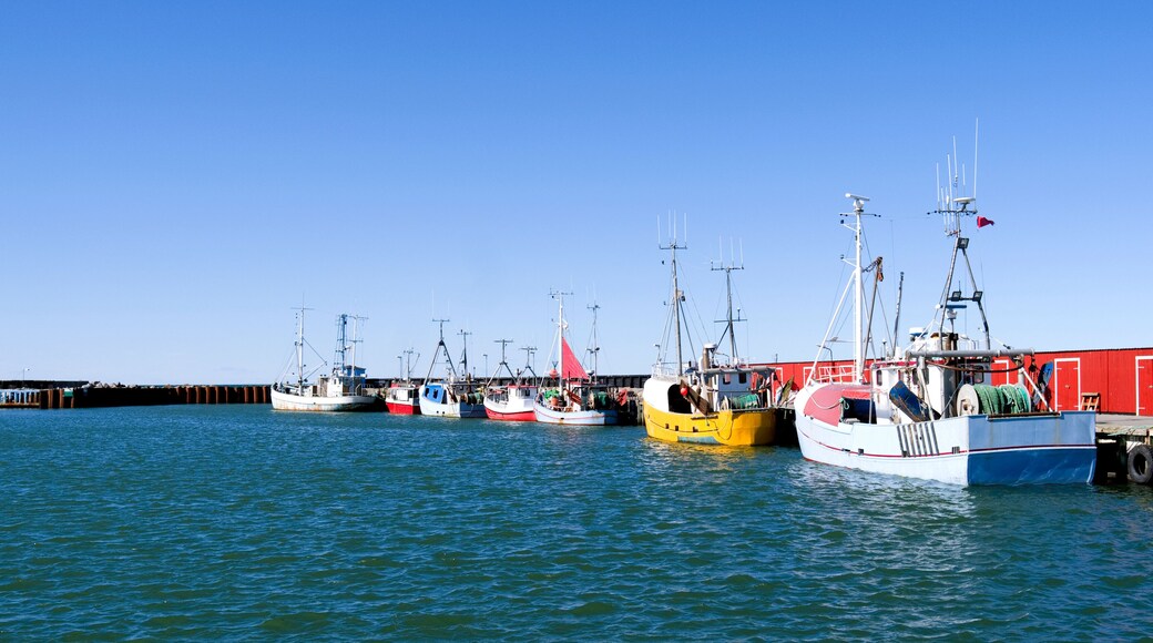 Laesoe / Denmark: Fishing cutters moored in a row at the pier in the small fishing port of Oesterby Havn in April