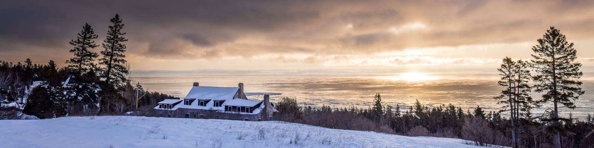 Charlevoix, sunrise on the St. Lawrence coast, typical landscape of the village of Cap-à-l'aigle.