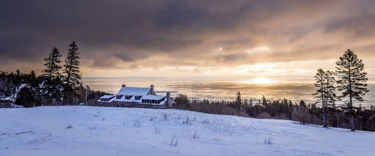 Charlevoix, sunrise on the St. Lawrence coast, typical landscape of the village of Cap-à-l'aigle.
