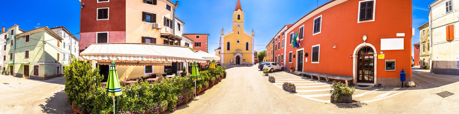 Istria, Croatia. Town of Brtonigla church and square street panoramic view