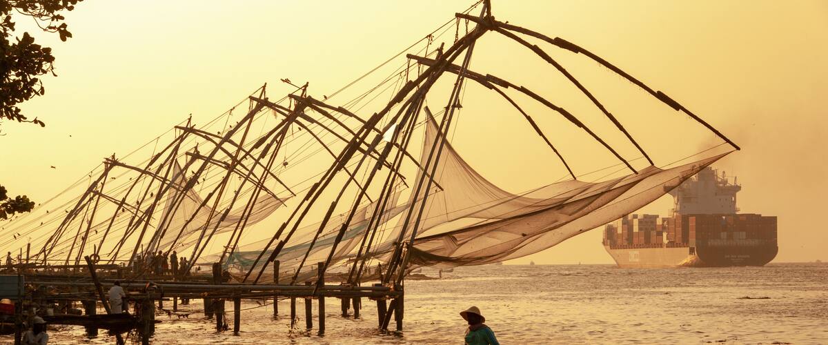 Cochi's historic fishing nets at sunset