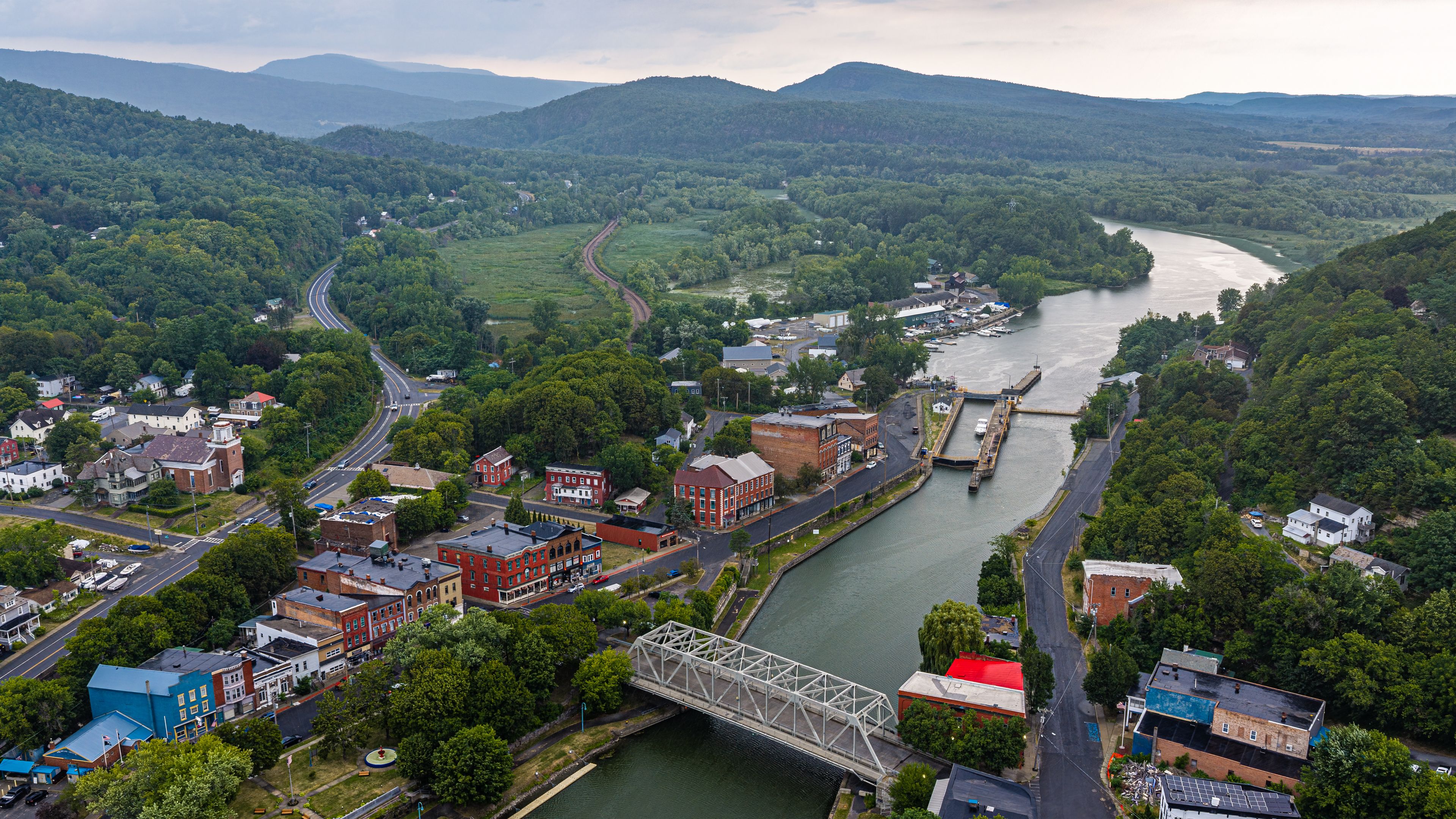 July 28, 2026 - Whitehall, NY, USA - Aerial image of the village of Whitehall, NY and the Champlain Canal.  Whitehall is regarded as the Birthplace of the United States Navy.