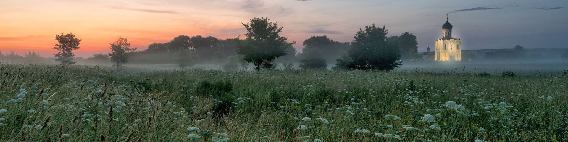 Early morning sunrise in Nerli church of Vladimir region,Russia.