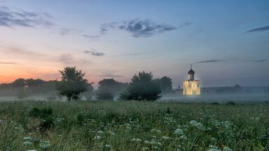 Early morning sunrise in Nerli church of Vladimir region,Russia.