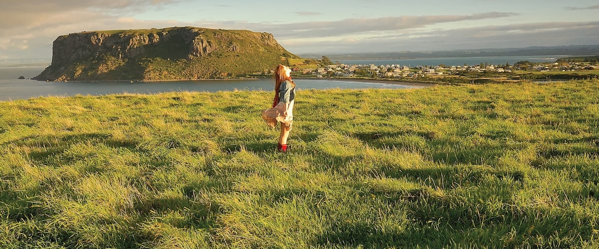 A grassy field with a person standing, overlooking a coastal town and a prominent cliff.