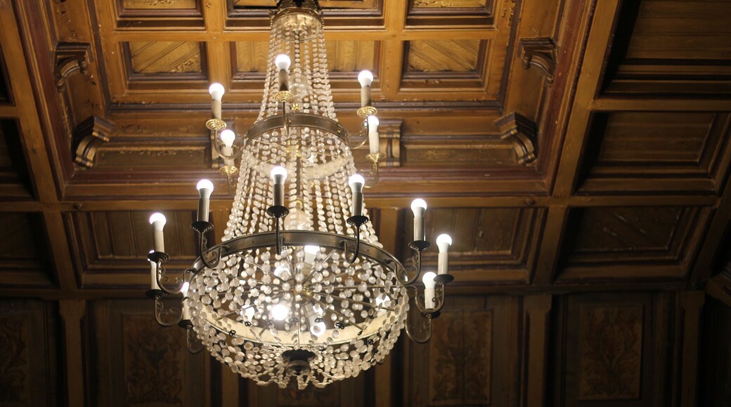 Decorated chandelier hangs in the entrance hall at Odessa Philharmonic. Historical large three level brass chandelier with 116 arms on the background of decorated wooden ceiling. 16th century artwork