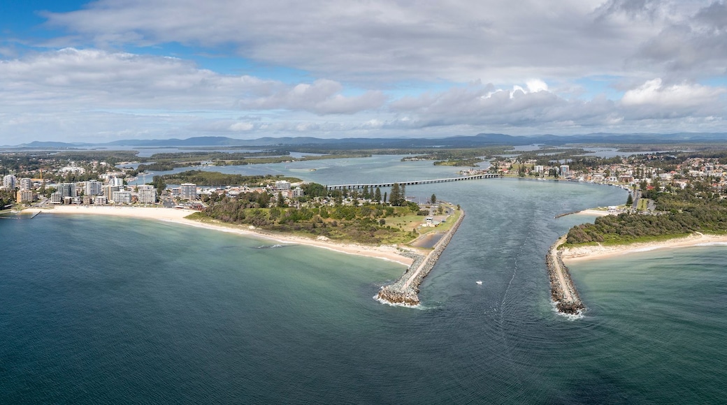 Aerial panorama of the beach and harbor at Forster in New South Wales, Australia