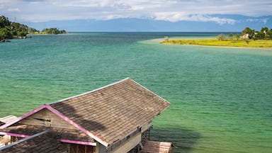 A wooden house with a pink roof on stilts over turquoise water, surrounded by lush greenery and distant mountains.