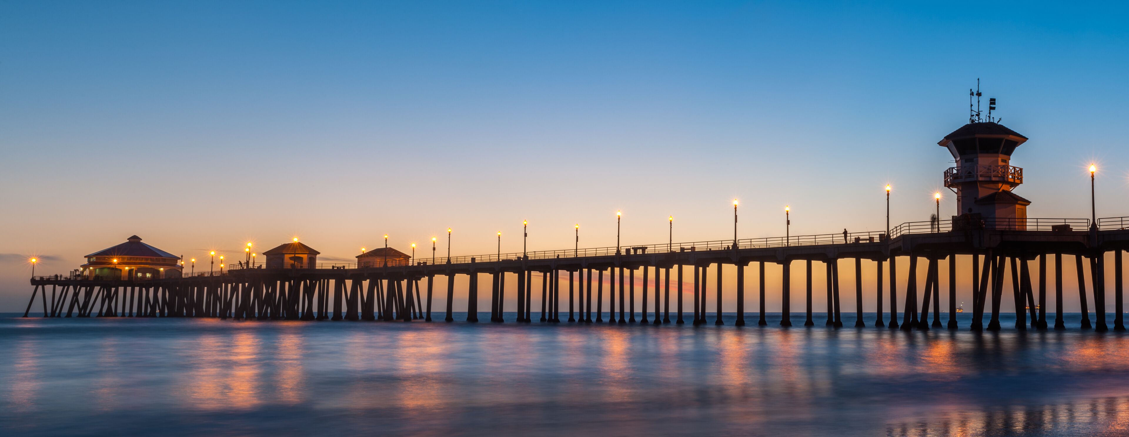 The Huntington Beach Pier in Huntington Beach at twilight sunset glow