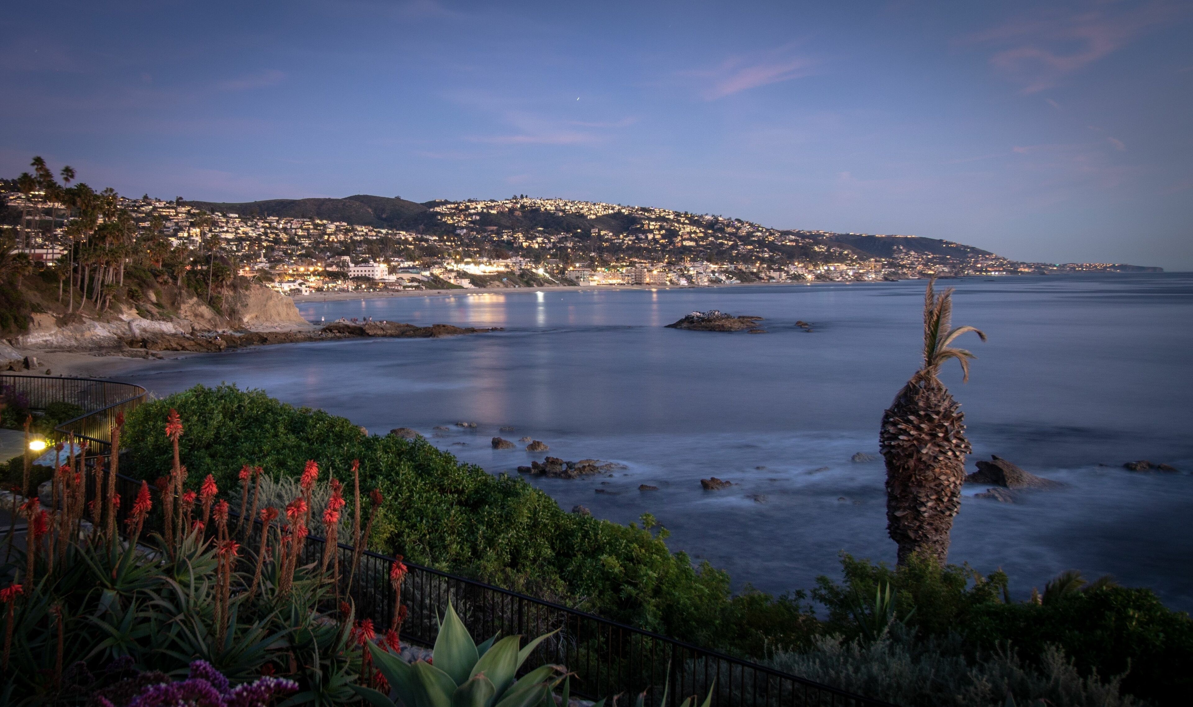 Stunning seascape of Laguna Beach, CA, captured at dawn with long exposure