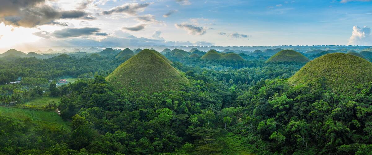 Chocolate Hills in Bohol island, Philippines during the sunrise