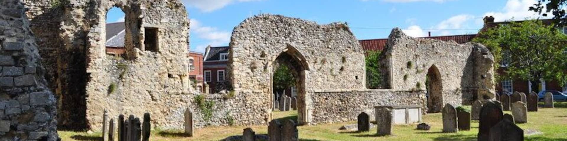 Bungay Priory (remains of). Benedictine nunnery founded 1183 dissolved 1536. St. Mary's parish church is probably the parochial nave to which the nuns' choir belonged. Most of the priory buildings were destroyed by fire in 1688.