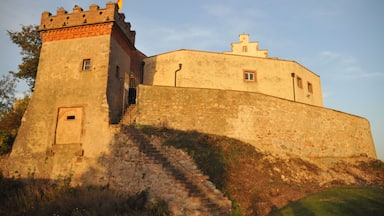 Un castillo de piedra histórico con una bandera, una torre y una escalera que conduce hasta él.