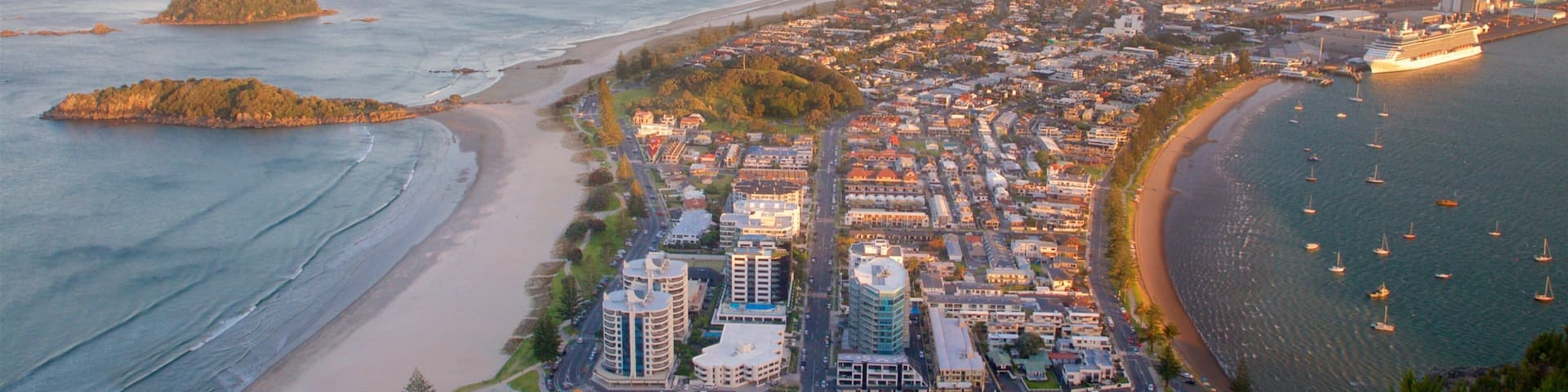 Mount Maunganui som omfatter udsigt over kystområde, en kystby og en sandstrand
