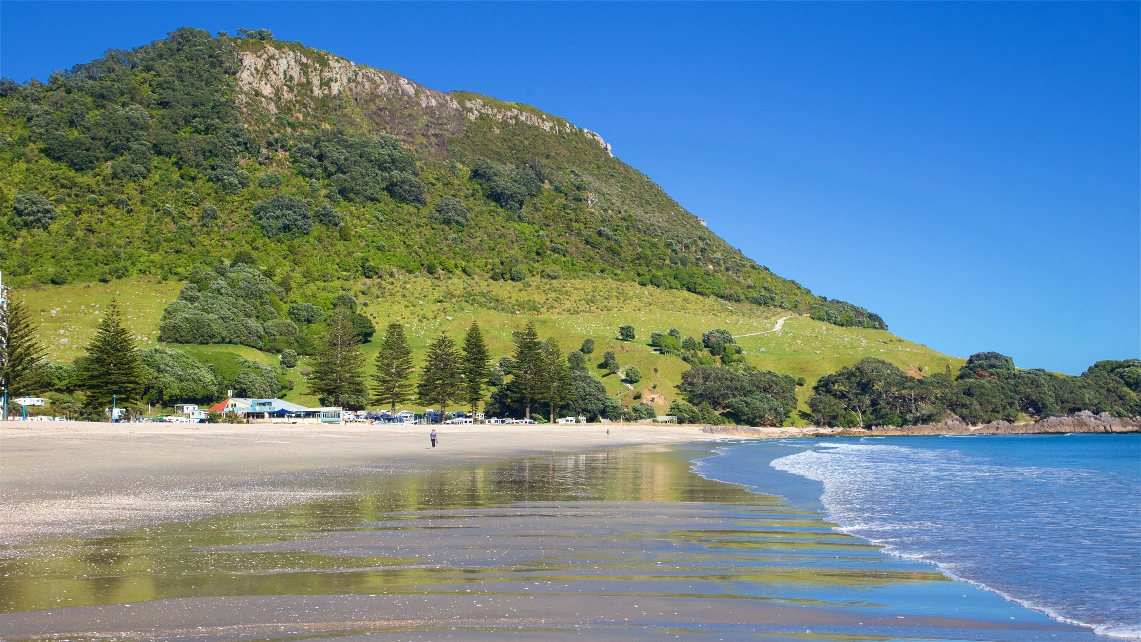 Mount Maunganui caracterizando uma praia, montanhas e paisagens litorâneas